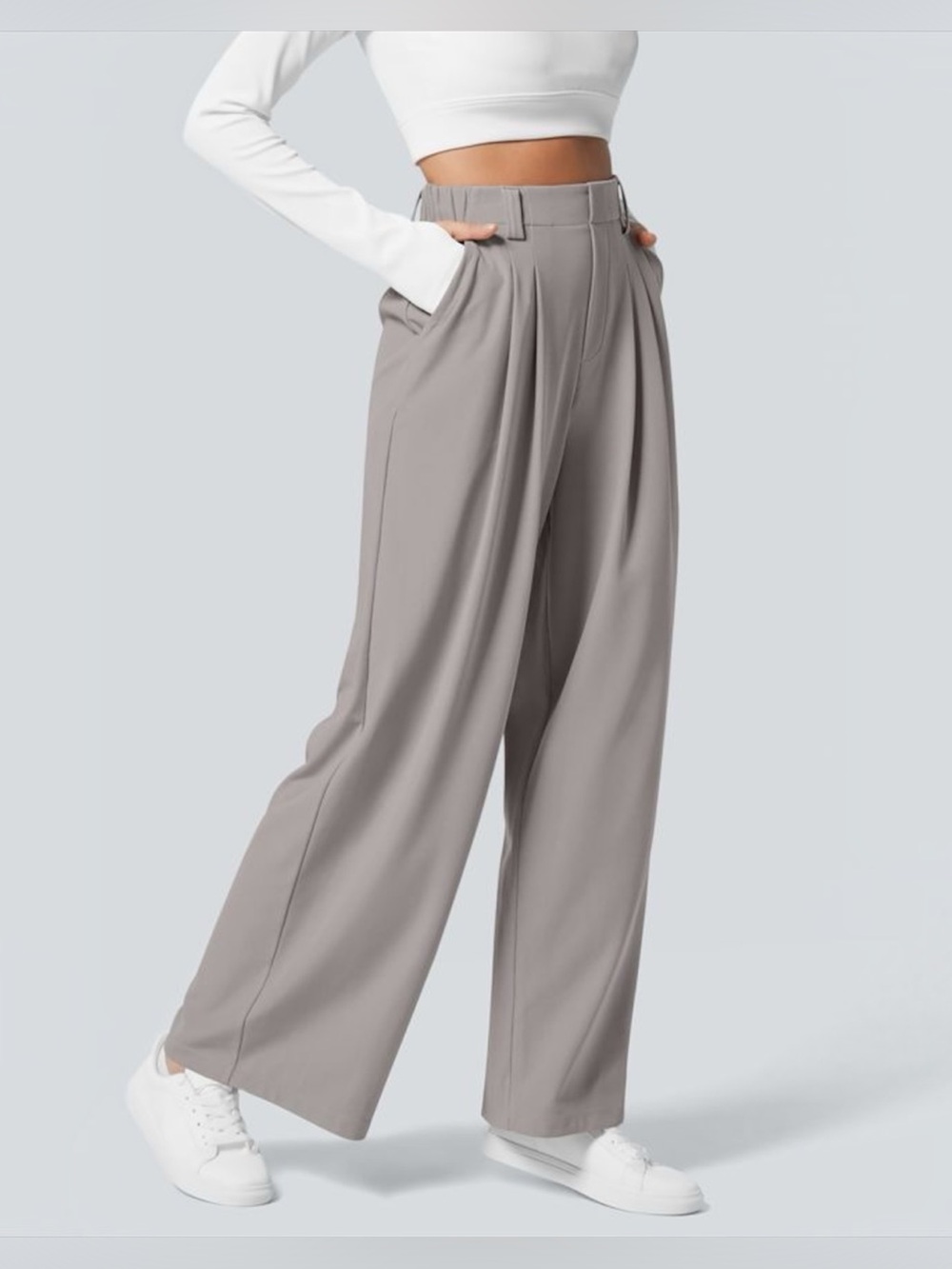 Halara Flex High Waisted Pocket Wide Leg Waffle Work Pants Stretchy Grey Medium